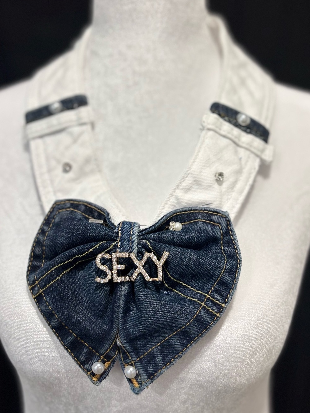 Denim Heart Bow Necklace with 'SEXY' Rhinestone Pendant